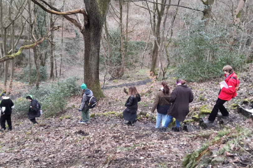 Students walking in woodland